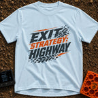 Highway Exit Strategy - T-Shirt in Chambray - A typographic design featuring the text "EXIT STRATEGY: HIGHWAY" in bold,...