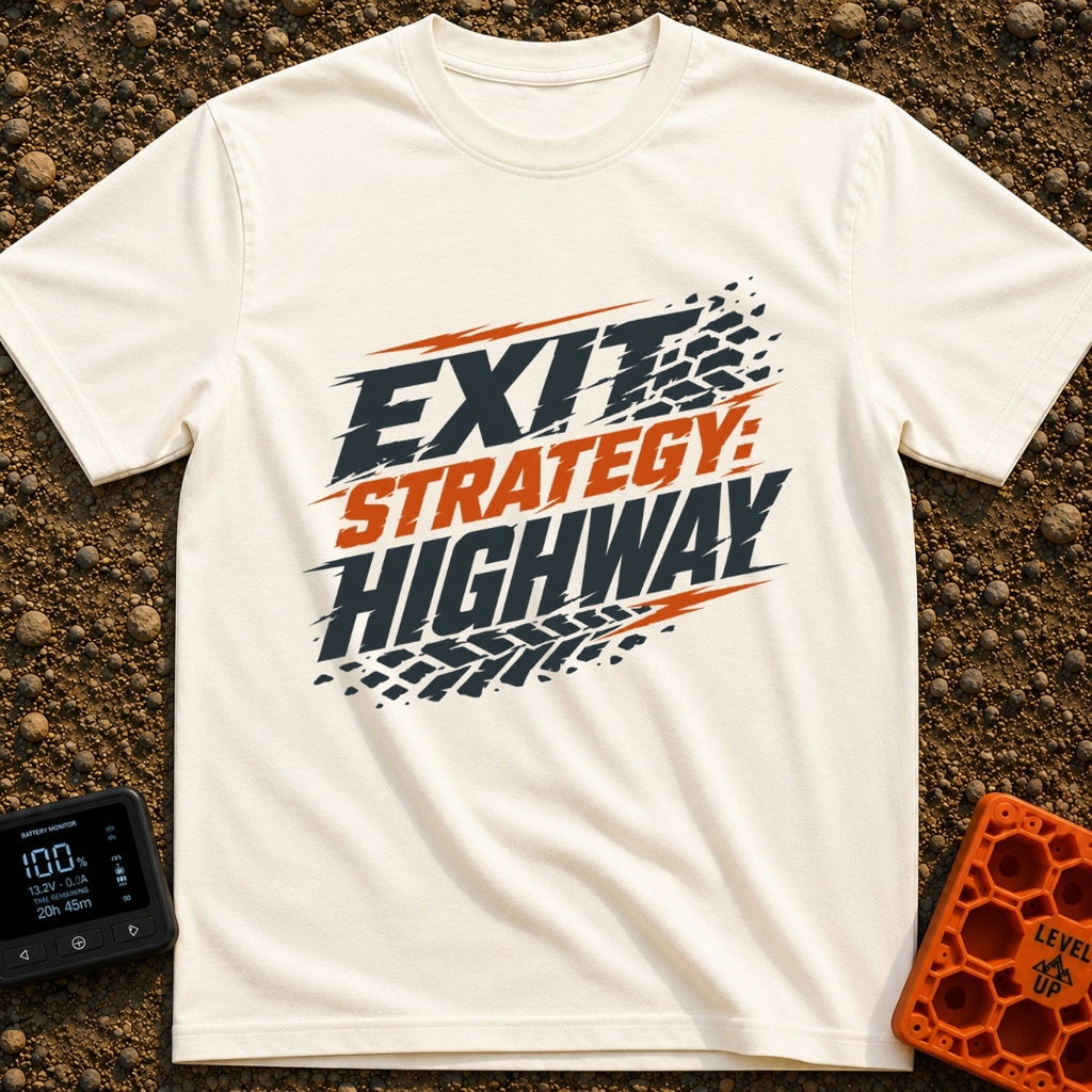 Highway Exit Strategy - T-Shirt in Ivory - A typographic design featuring the text "EXIT STRATEGY: HIGHWAY" in bold,...