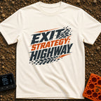 Highway Exit Strategy - T-Shirt in Ivory - A typographic design featuring the text "EXIT STRATEGY: HIGHWAY" in bold,...