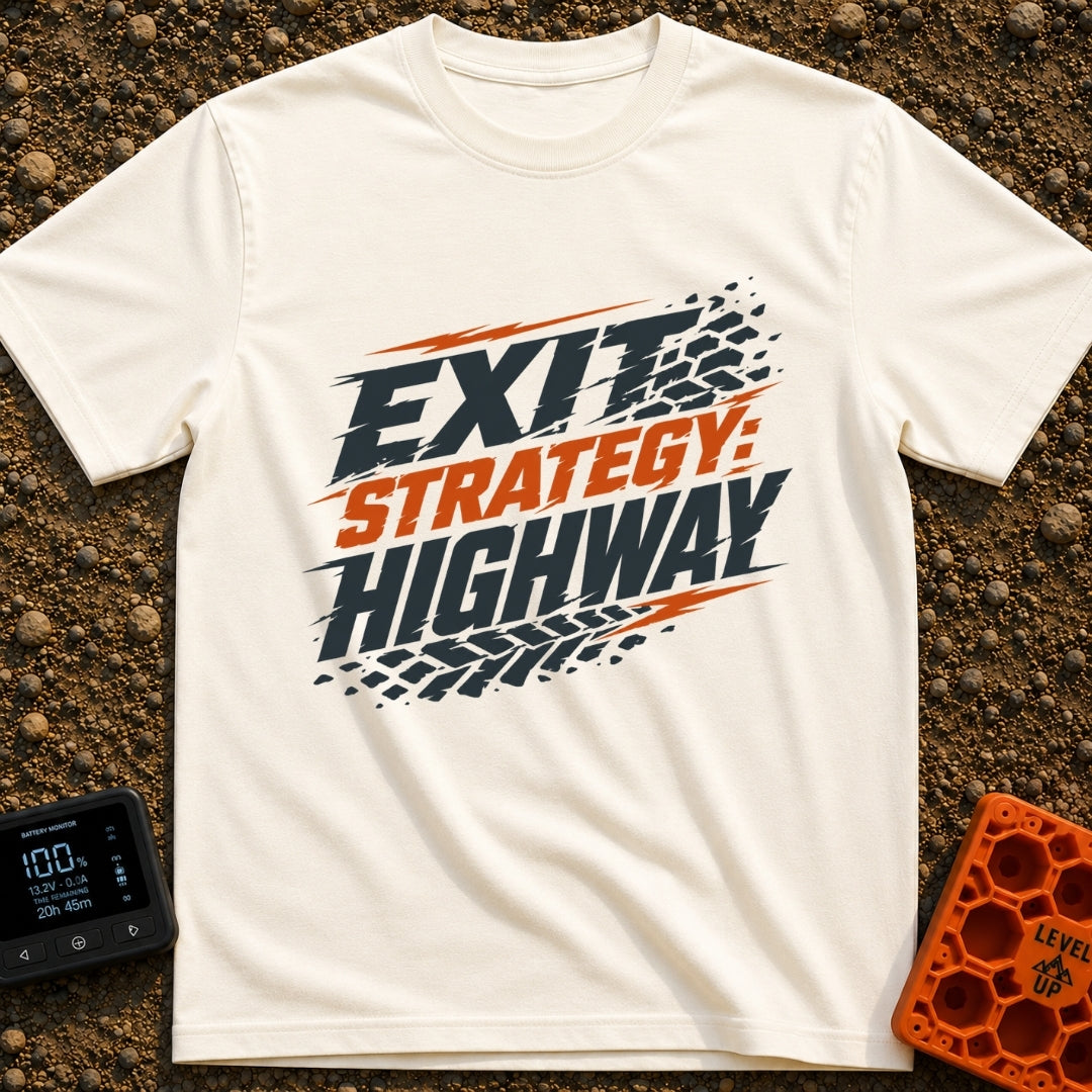 Highway Exit Strategy - T-Shirt in Ivory - A typographic design featuring the text "EXIT STRATEGY: HIGHWAY" in bold,...