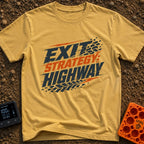 Highway Exit Strategy - T-Shirt in Mustard - A typographic design featuring the text "EXIT STRATEGY: HIGHWAY" in bold,...