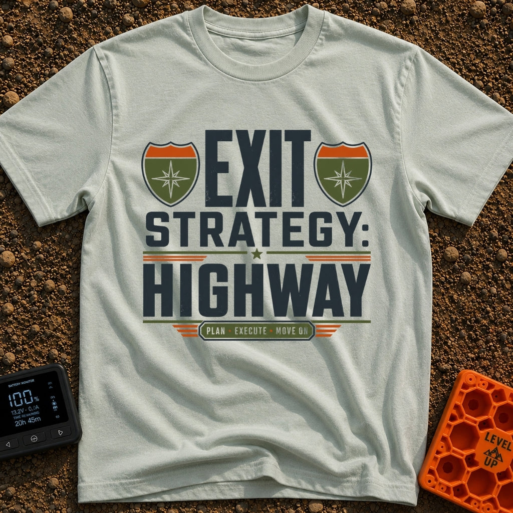 Highway Exit Strategy - T-Shirt in Bay - A typographic design featuring the words "EXIT STRATEGY: HIGHWAY" in bold...