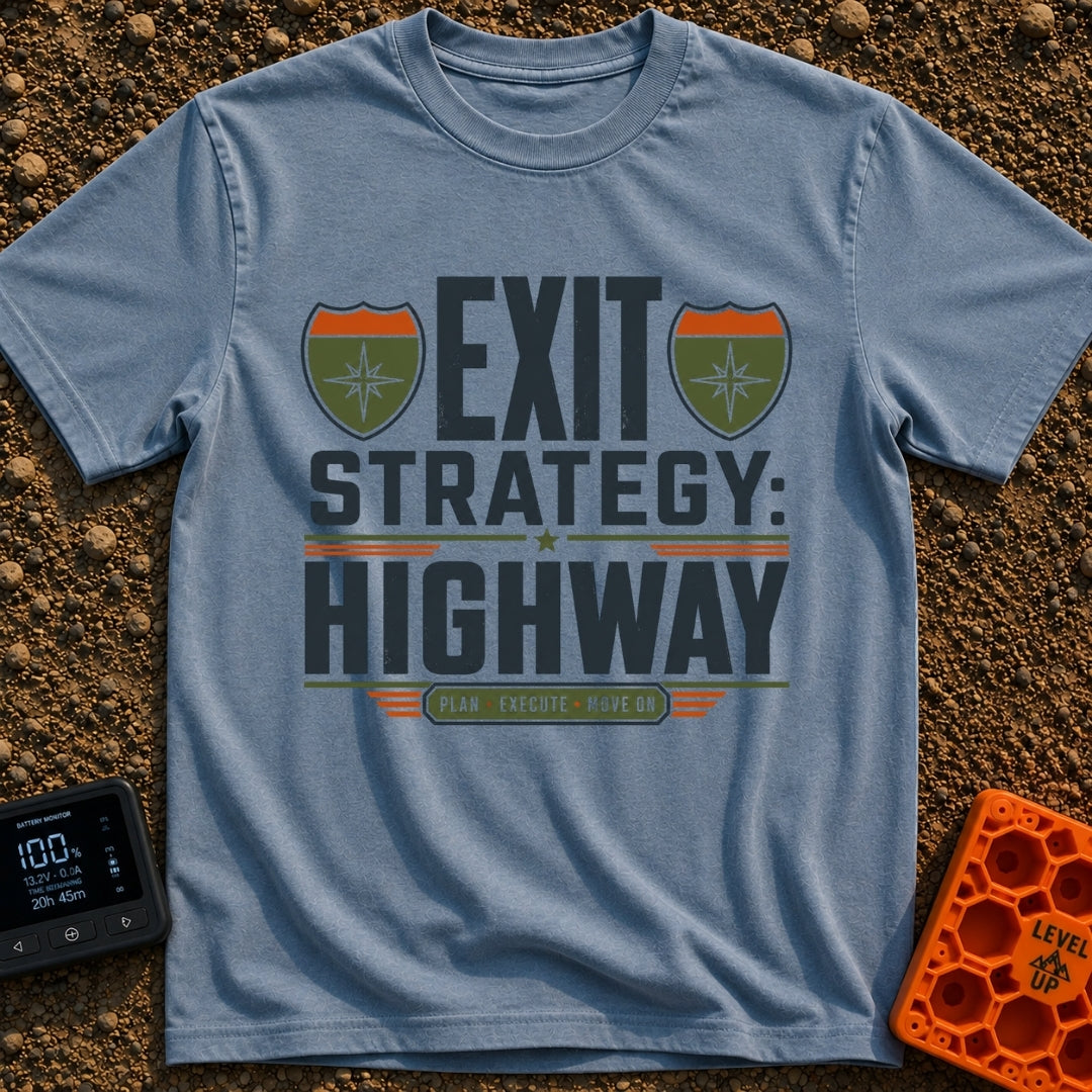 Highway Exit Strategy - T-Shirt in Blue Jean - A typographic design featuring the words "EXIT STRATEGY: HIGHWAY" in bold...