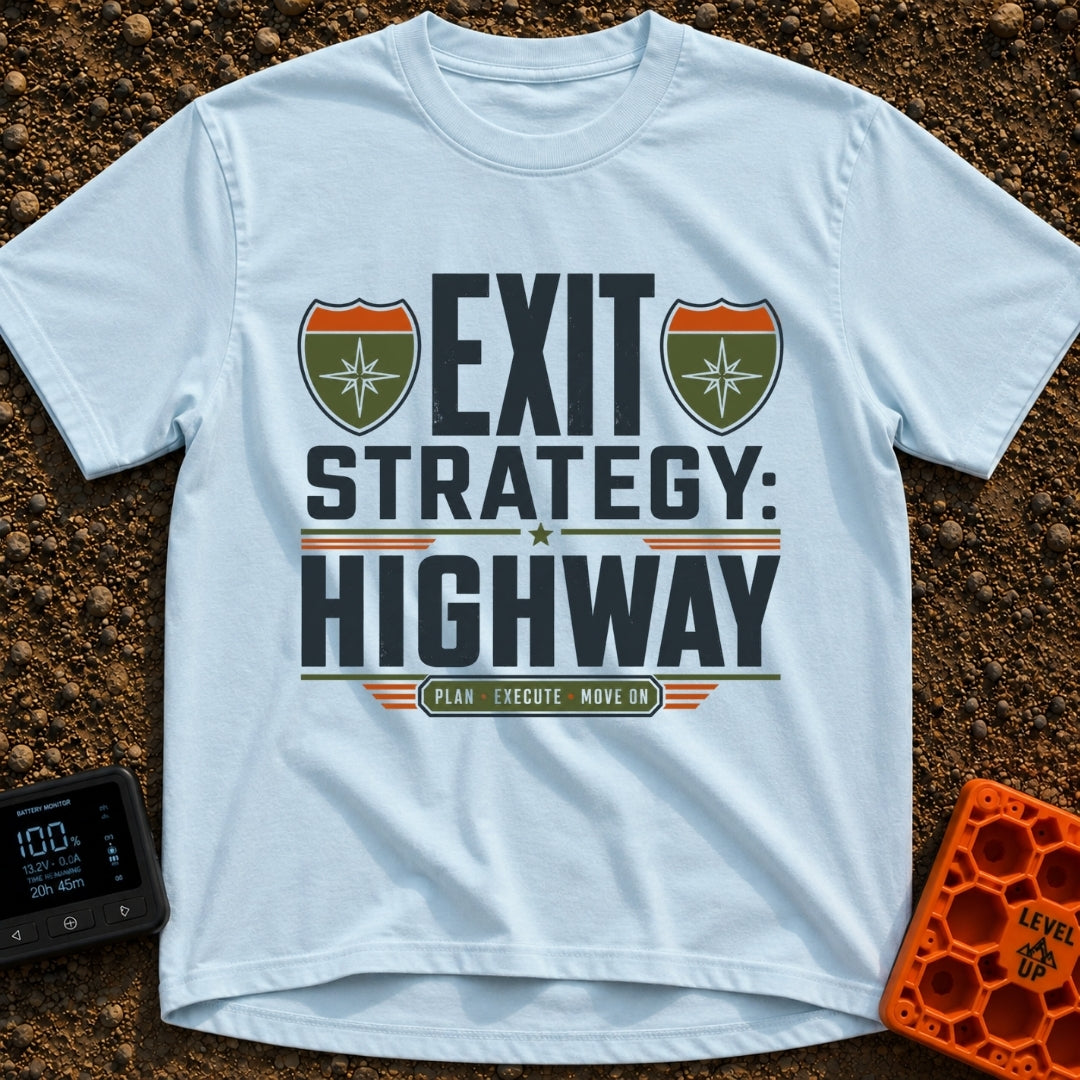 Highway Exit Strategy - T-Shirt in Chambray - A typographic design featuring the words "EXIT STRATEGY: HIGHWAY" in bold...