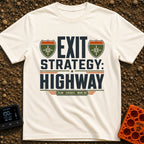 Highway Exit Strategy - T-Shirt in Ivory - A typographic design featuring the words "EXIT STRATEGY: HIGHWAY" in bold...