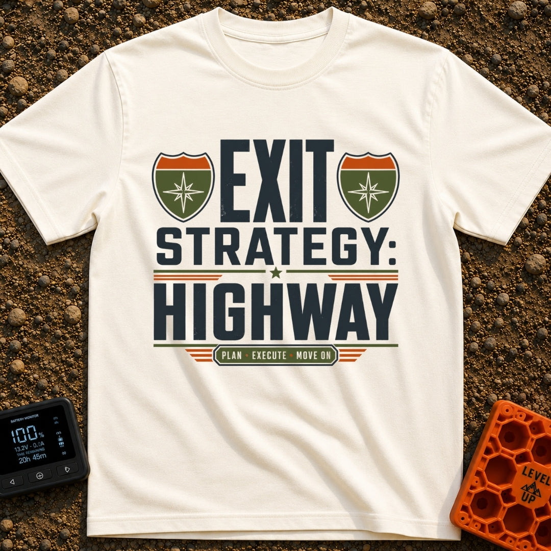 Highway Exit Strategy - T-Shirt in Ivory - A typographic design featuring the words "EXIT STRATEGY: HIGHWAY" in bold...