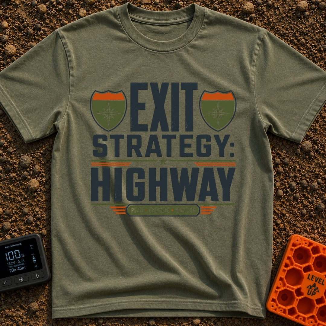 Highway Exit Strategy - T-Shirt in Moss - A typographic design featuring the words "EXIT STRATEGY: HIGHWAY" in bold...