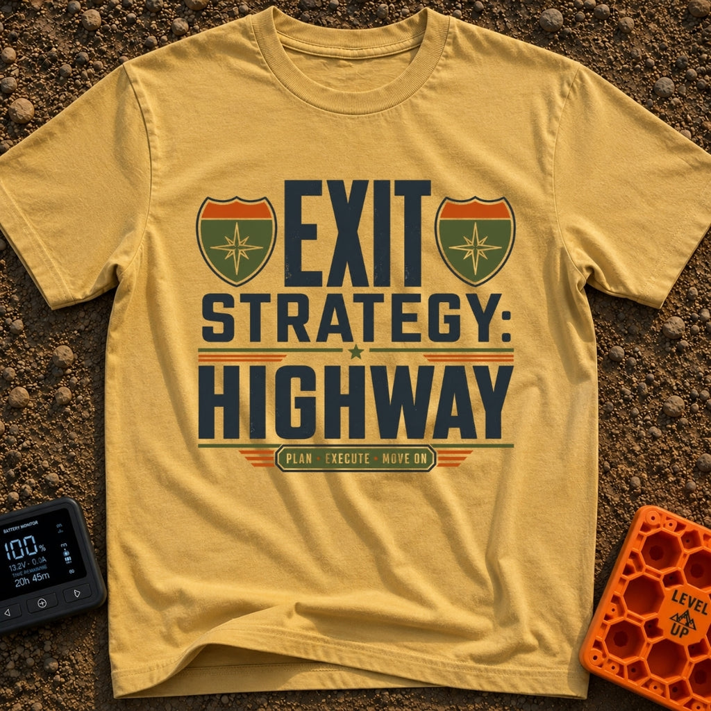 Highway Exit Strategy - T-Shirt in Mustard - A typographic design featuring the words "EXIT STRATEGY: HIGHWAY" in bold...