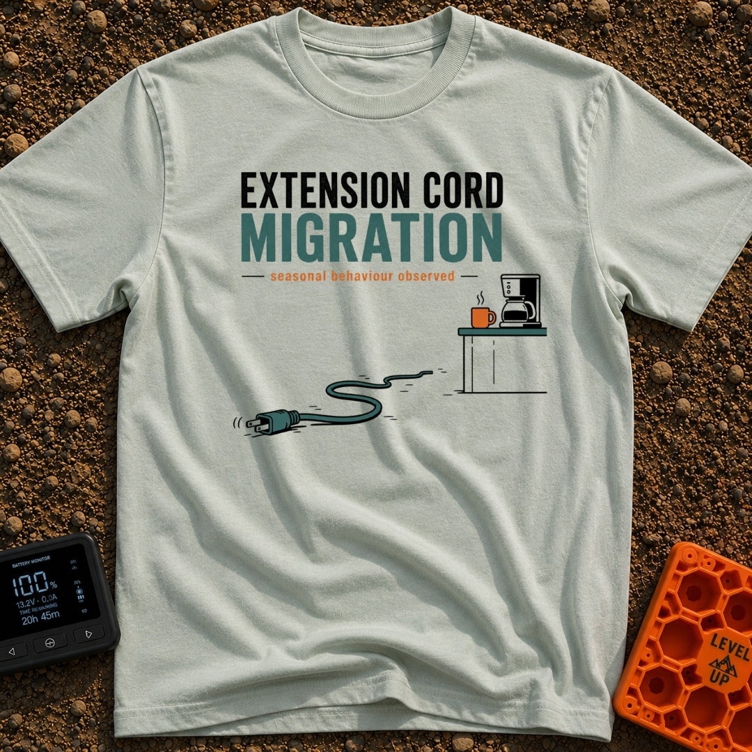 Cords Fly South - T-Shirt in Bay - An illustration showing an extension cord plug slithering like a snake across the...