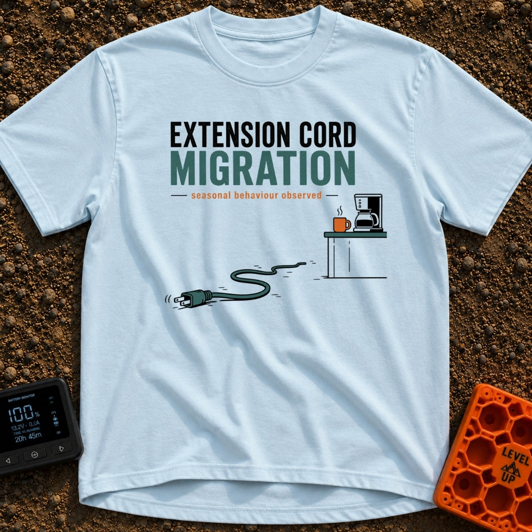 Cords Fly South - T-Shirt in Chambray - An illustration showing an extension cord plug slithering like a snake across the...