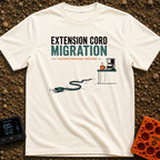 Cords Fly South - T-Shirt in Ivory - An illustration showing an extension cord plug slithering like a snake across the...