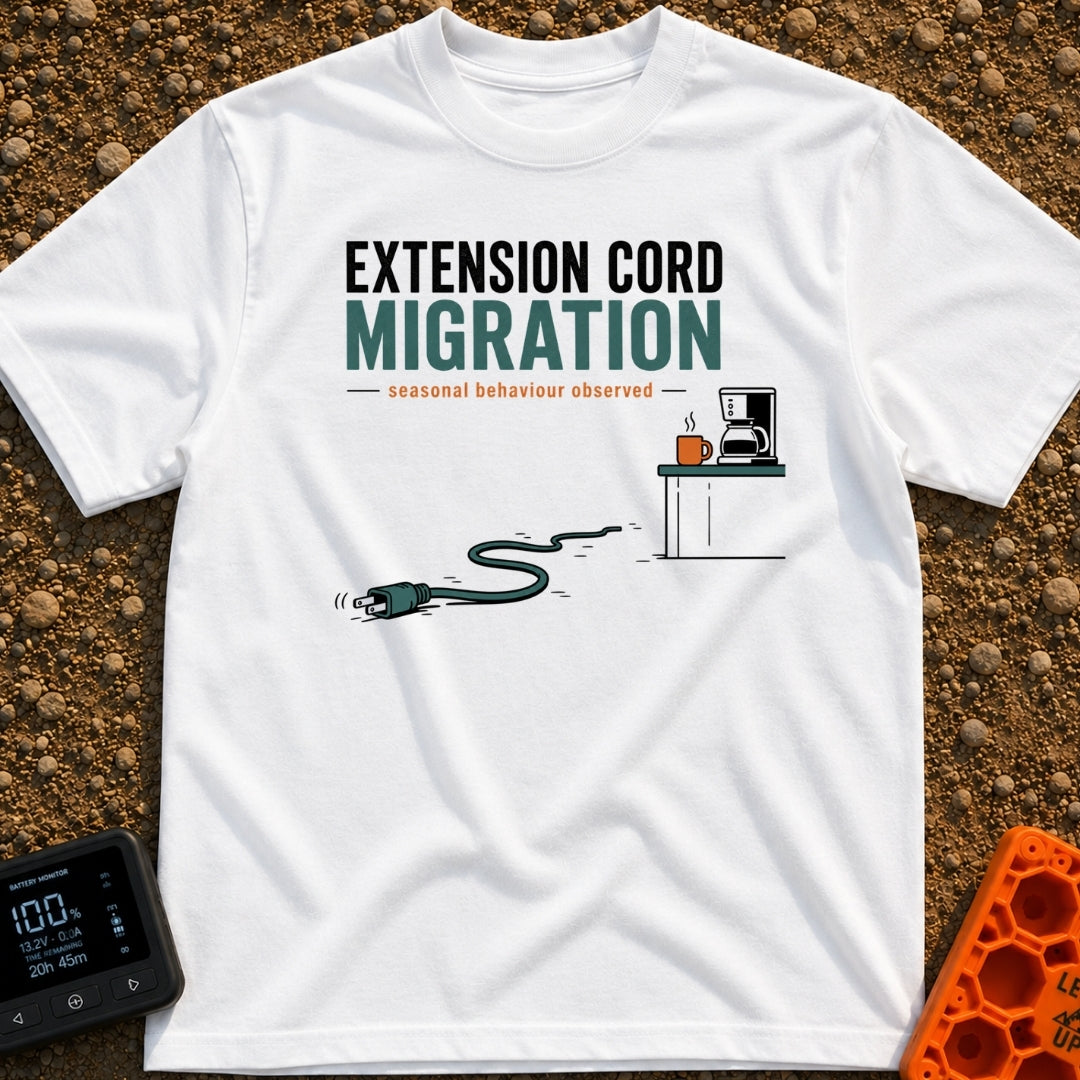 Cords Fly South - T-Shirt in White - An illustration showing an extension cord plug slithering like a snake across the...