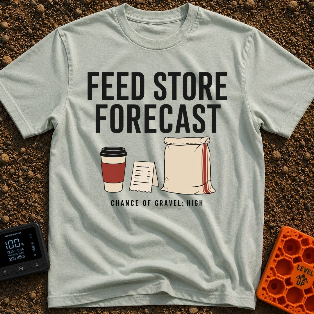 Gravel Forecast: High - T-Shirt in Bay - The design features the large text "FEED STORE FORECAST" above an illustration...