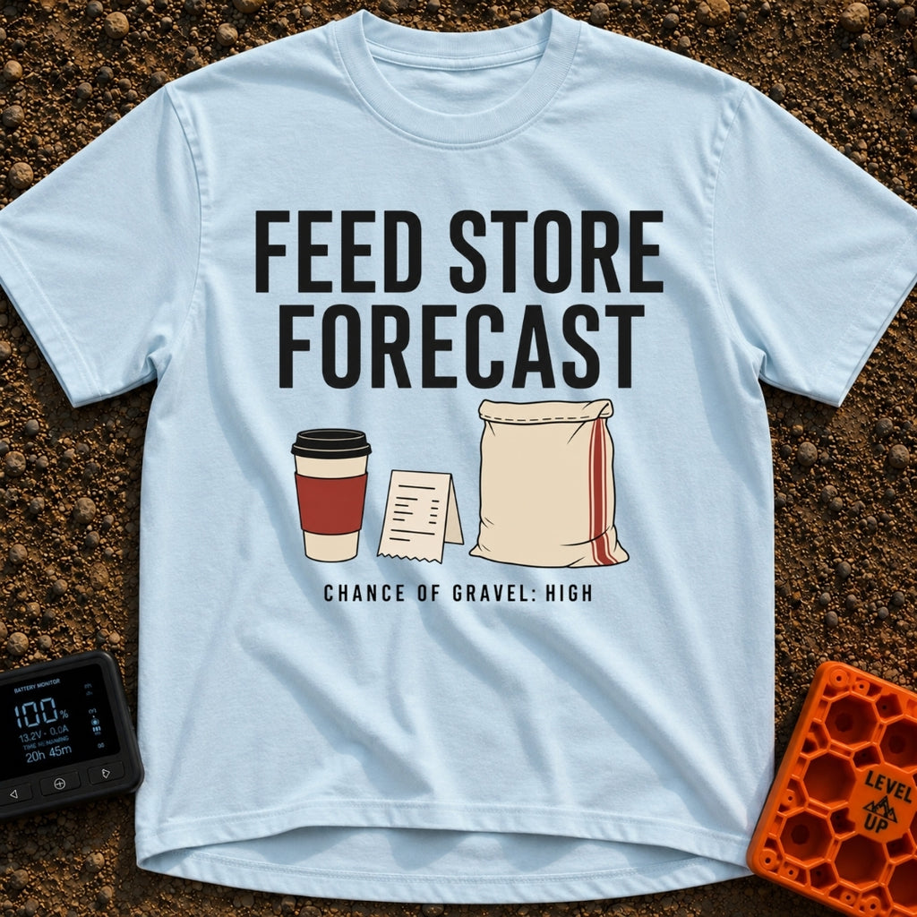Gravel Forecast: High - T-Shirt in Chambray - The design features the large text "FEED STORE FORECAST" above an...