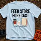Gravel Forecast: High - T-Shirt in Chambray - The design features the large text "FEED STORE FORECAST" above an...