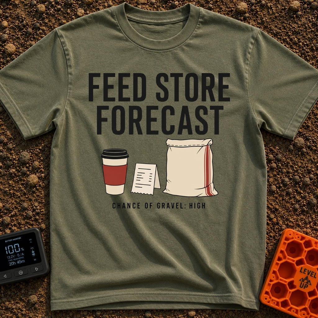 Gravel Forecast: High - T-Shirt in Moss - The design features the large text "FEED STORE FORECAST" above an illustration...