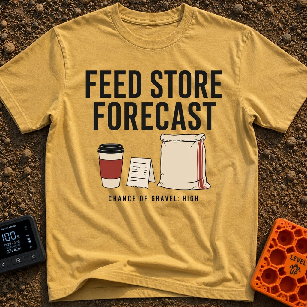 Gravel Forecast: High - T-Shirt in Mustard - The design features the large text "FEED STORE FORECAST" above an...