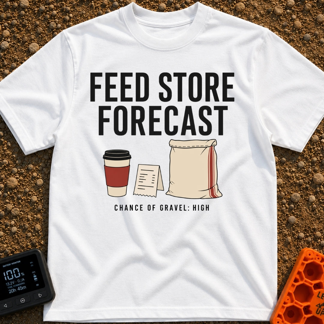 Gravel Forecast: High - T-Shirt in White - The design features the large text "FEED STORE FORECAST" above an illustration...