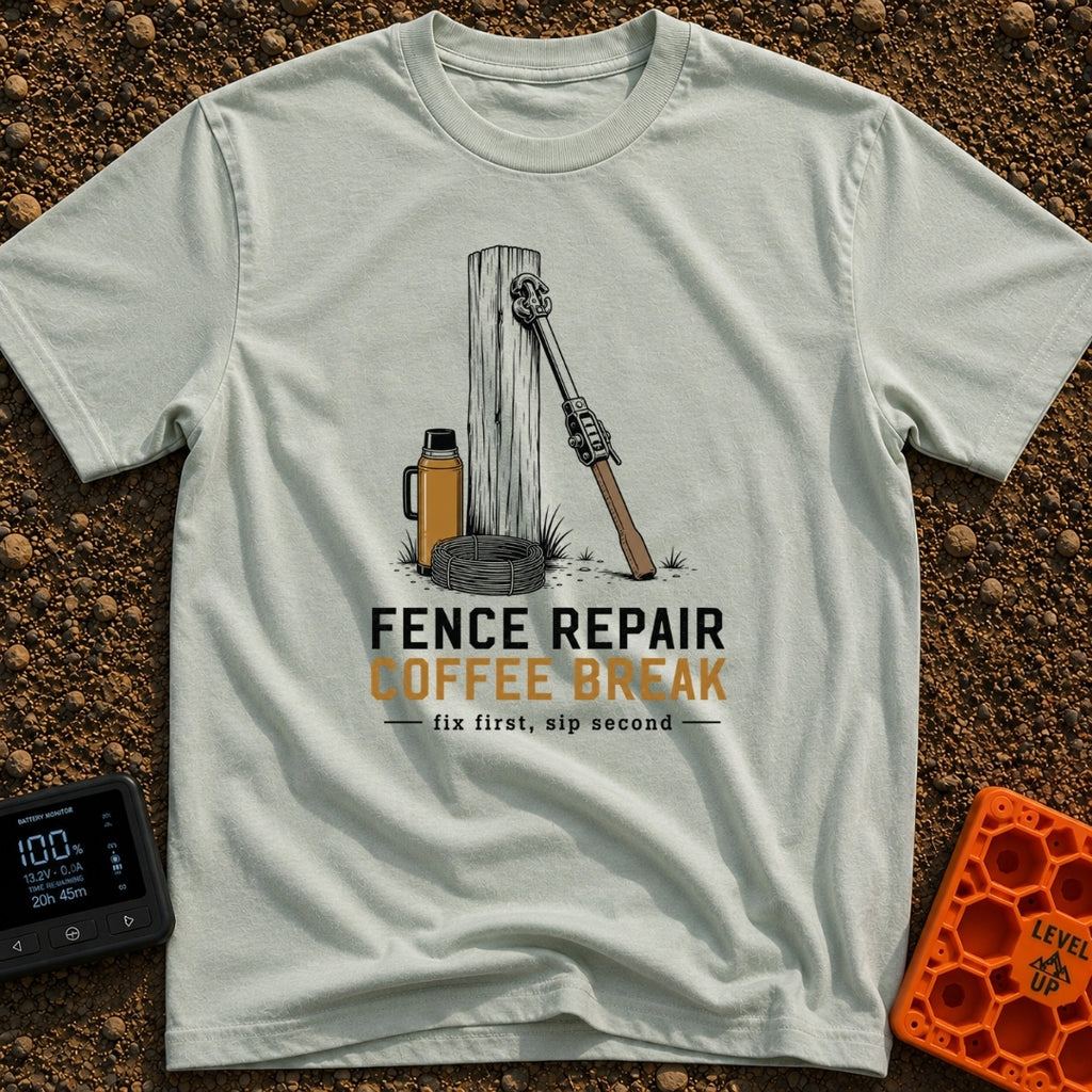 Thermos And Tension - T-Shirt in Bay - An illustration of a wooden fence post with a metal wire stretcher leaning against...