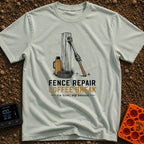 Thermos And Tension - T-Shirt in Bay - An illustration of a wooden fence post with a metal wire stretcher leaning against...