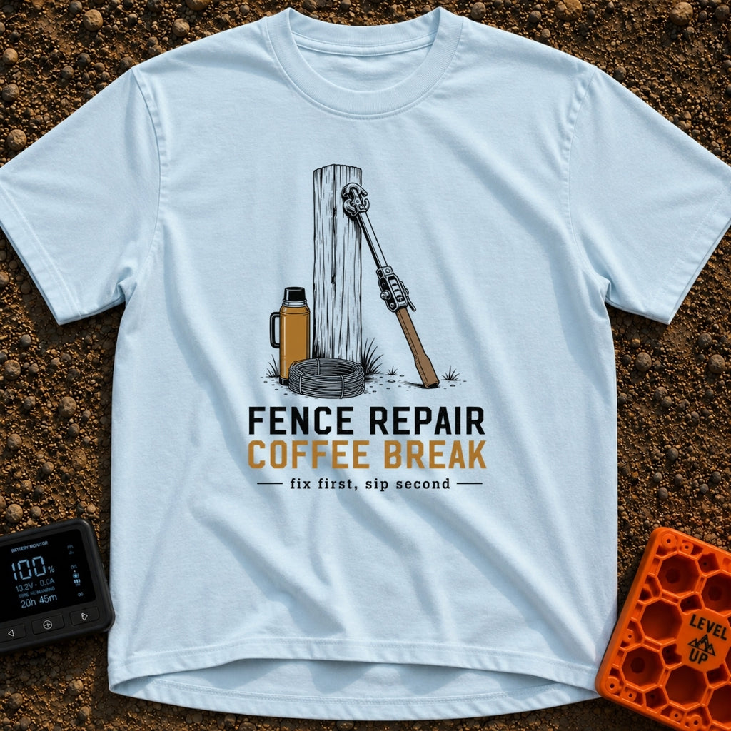 Thermos And Tension - T-Shirt in Chambray - An illustration of a wooden fence post with a metal wire stretcher leaning...