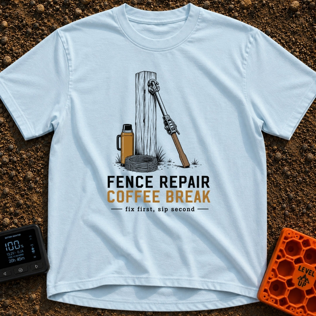Thermos And Tension - T-Shirt in Chambray - An illustration of a wooden fence post with a metal wire stretcher leaning...