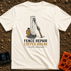 Thermos And Tension - T-Shirt in Ivory - An illustration of a wooden fence post with a metal wire stretcher leaning...