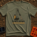 Thermos And Tension - T-Shirt in Moss - An illustration of a wooden fence post with a metal wire stretcher leaning...
