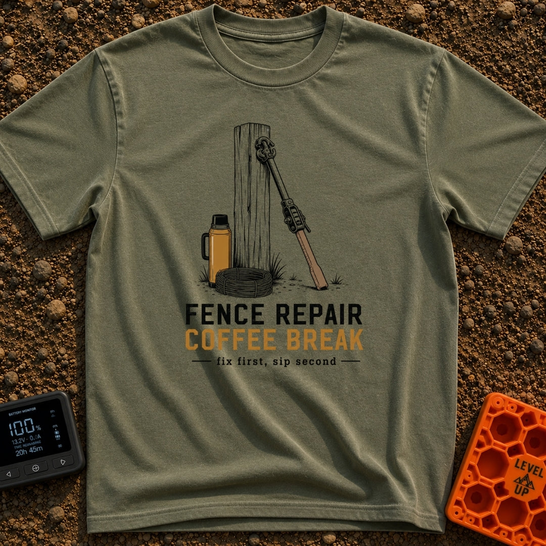 Thermos And Tension - T-Shirt in Moss - An illustration of a wooden fence post with a metal wire stretcher leaning...