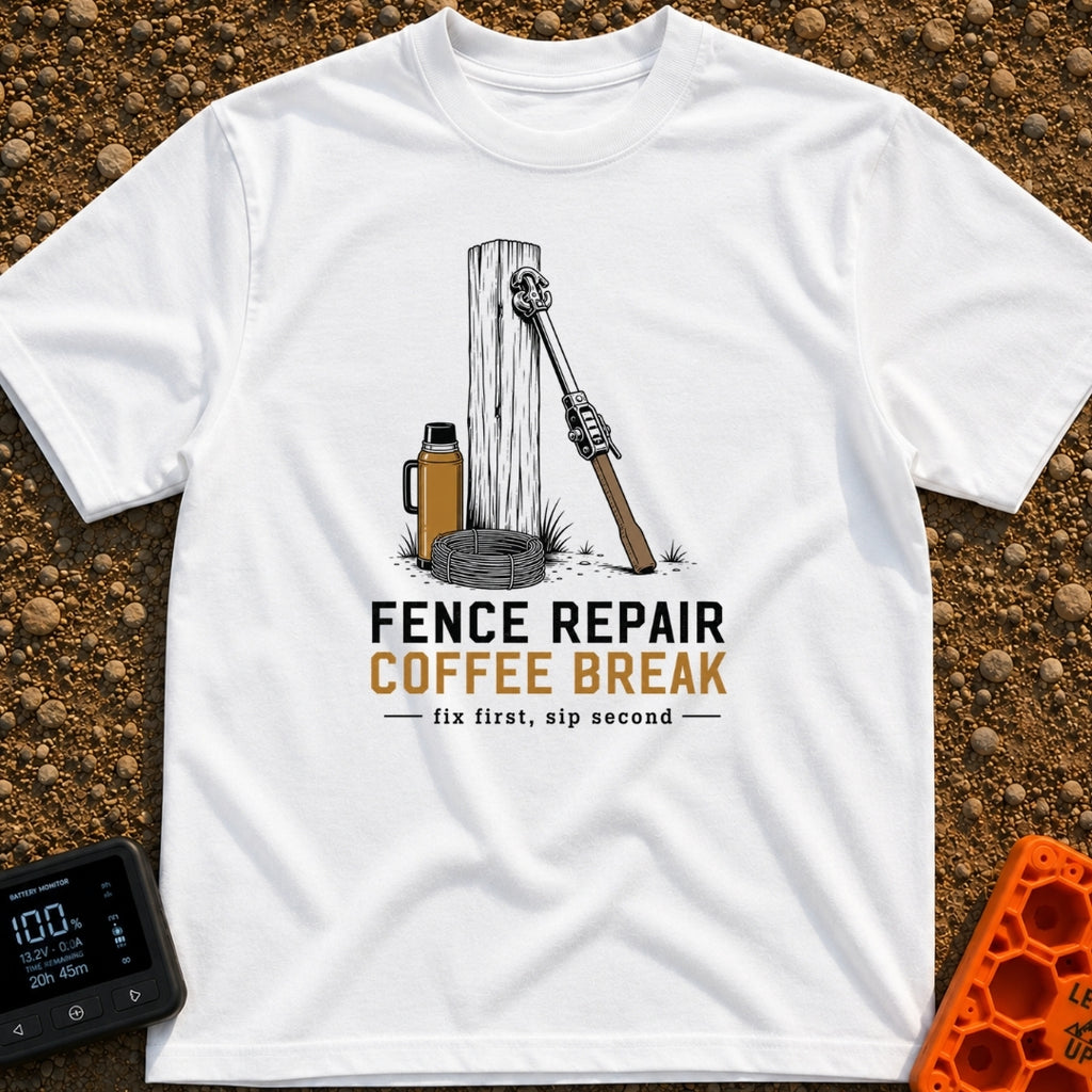 Thermos And Tension - T-Shirt in White - An illustration of a wooden fence post with a metal wire stretcher leaning...