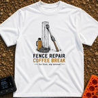 Thermos And Tension - T-Shirt in White - An illustration of a wooden fence post with a metal wire stretcher leaning...