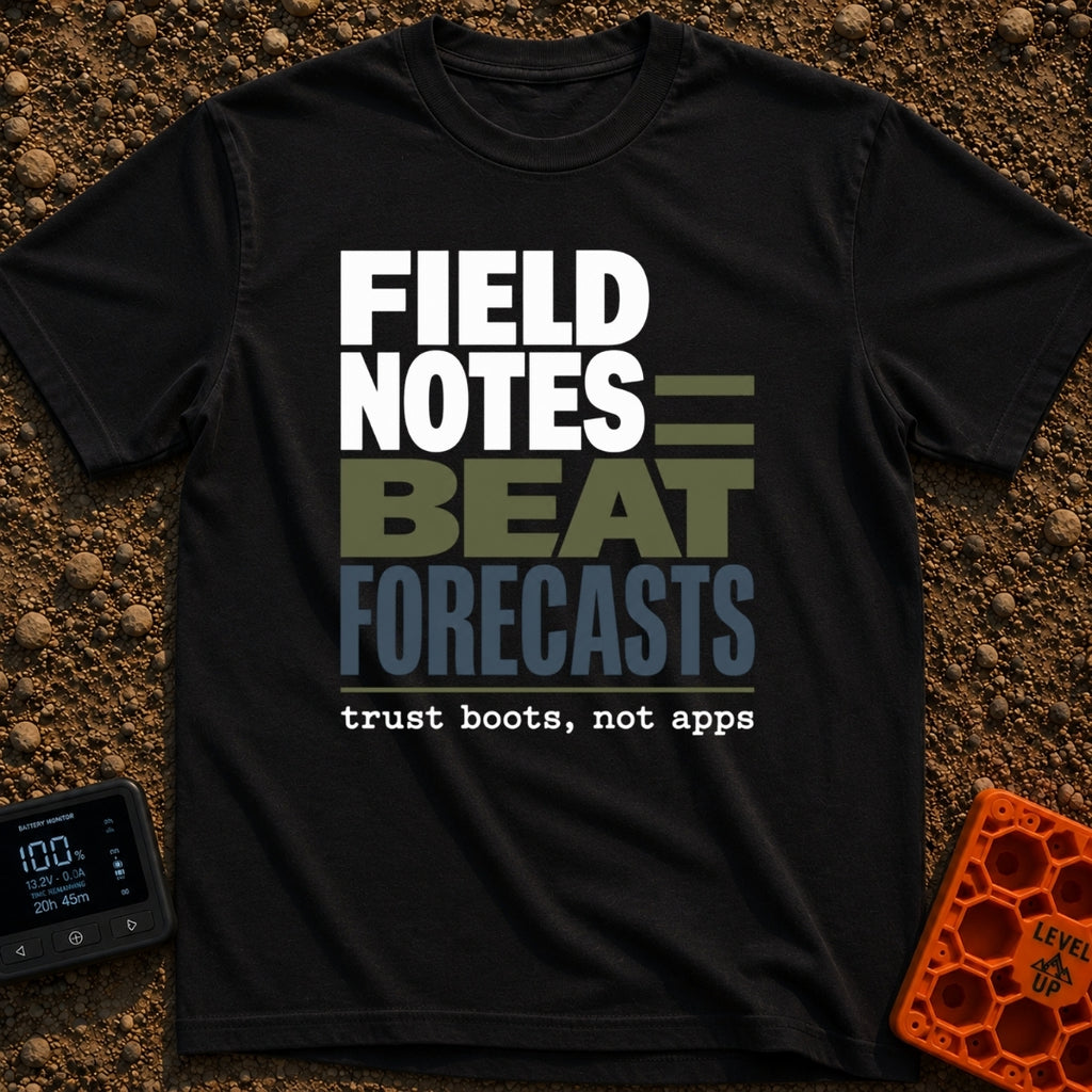 Boots Over Forecasts - T-Shirt in Black - A typographic design featuring the stacked phrase "FIELD NOTES BEAT FORECASTS"...