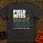 Boots Over Forecasts - T-Shirt in Graphite - A typographic design featuring the stacked phrase "FIELD NOTES BEAT...