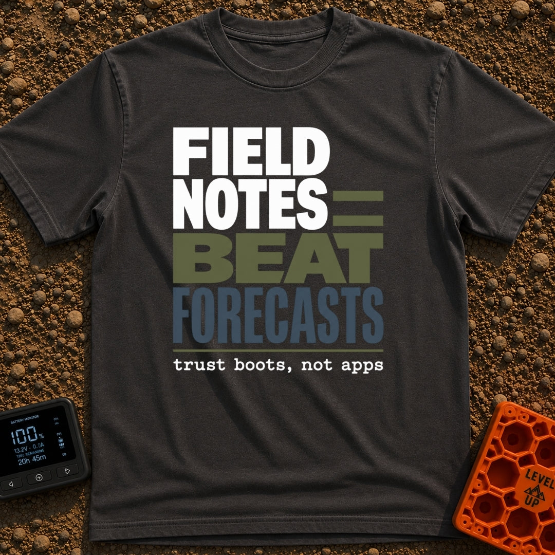 Boots Over Forecasts - T-Shirt in Graphite - A typographic design featuring the stacked phrase "FIELD NOTES BEAT...