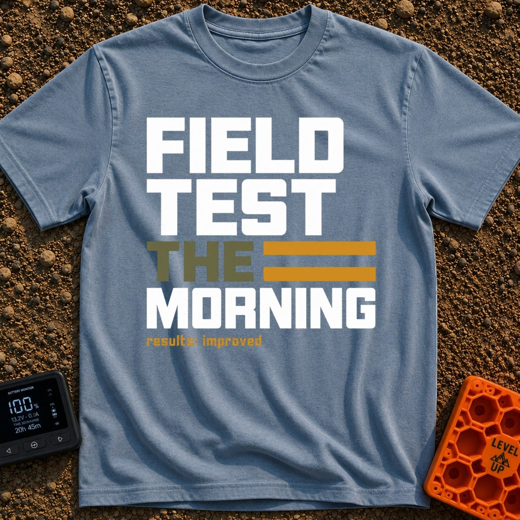 Morning Field Trials - T-Shirt in Blue Jean - A typographic design featuring the stacked words "FIELD TEST THE MORNING",...