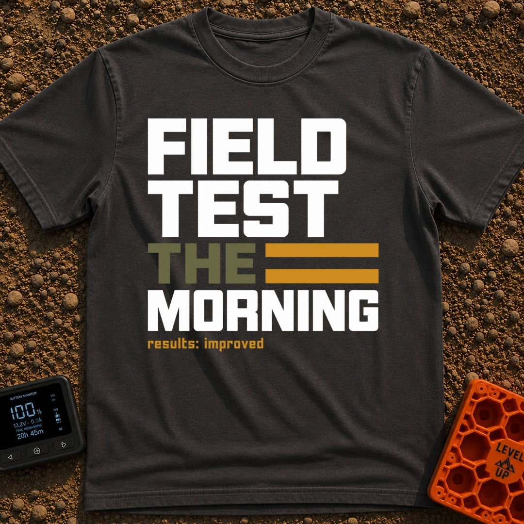 Morning Field Trials - T-Shirt in Graphite - A typographic design featuring the stacked words "FIELD TEST THE MORNING",...