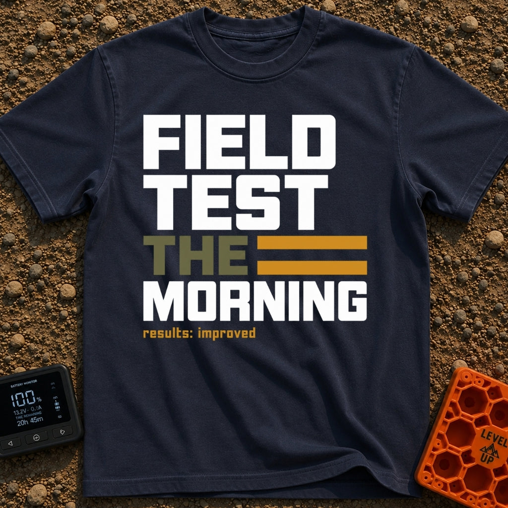 Morning Field Trials - T-Shirt in Navy - A typographic design featuring the stacked words "FIELD TEST THE MORNING", with...