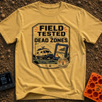 Tested In Dead Zones - T-Shirt in Mustard - A badge-style illustration showing a white camper van with roof antennas...