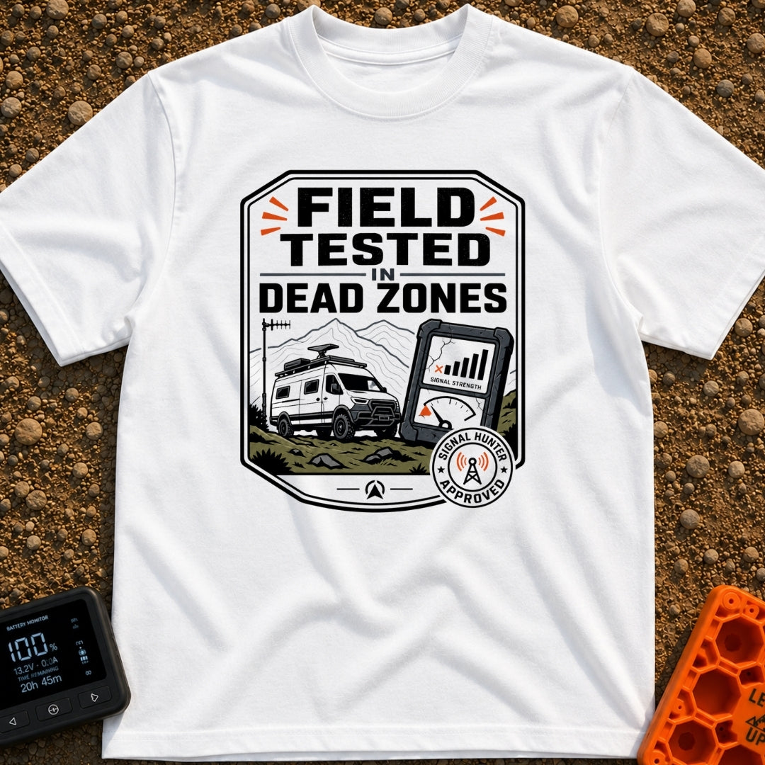 Tested In Dead Zones - T-Shirt in White - A badge-style illustration showing a white camper van with roof antennas parked...