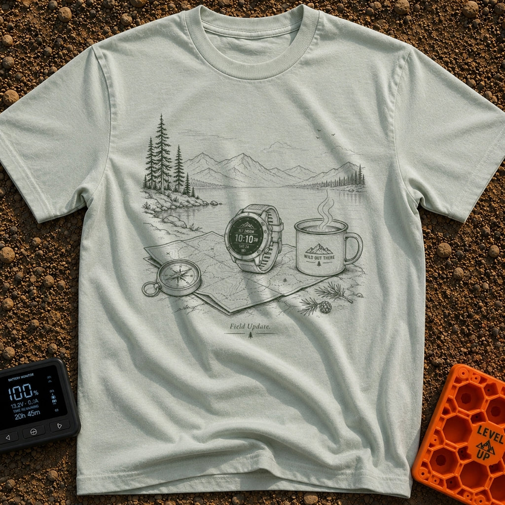 Wander Watch Out - T-Shirt in Bay - A line drawing showing a GPS watch, a compass, a topographic map, and a steaming mug...