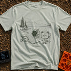 Wander Watch Out - T-Shirt in Bay - A line drawing showing a GPS watch, a compass, a topographic map, and a steaming mug...