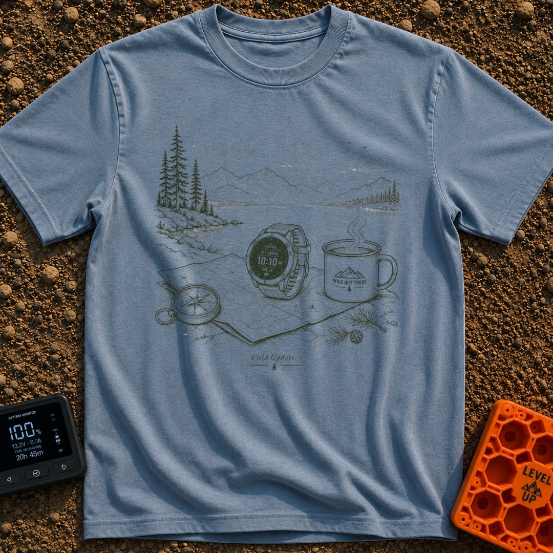 Wander Watch Out - T-Shirt in Blue Jean - A line drawing showing a GPS watch, a compass, a topographic map, and a...