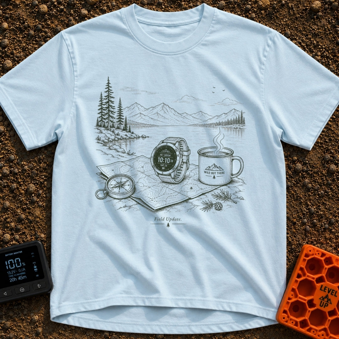 Wander Watch Out - T-Shirt in Chambray - A line drawing showing a GPS watch, a compass, a topographic map, and a steaming...