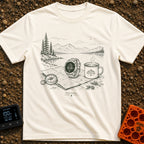 Wander Watch Out - T-Shirt in Ivory - A line drawing showing a GPS watch, a compass, a topographic map, and a steaming...