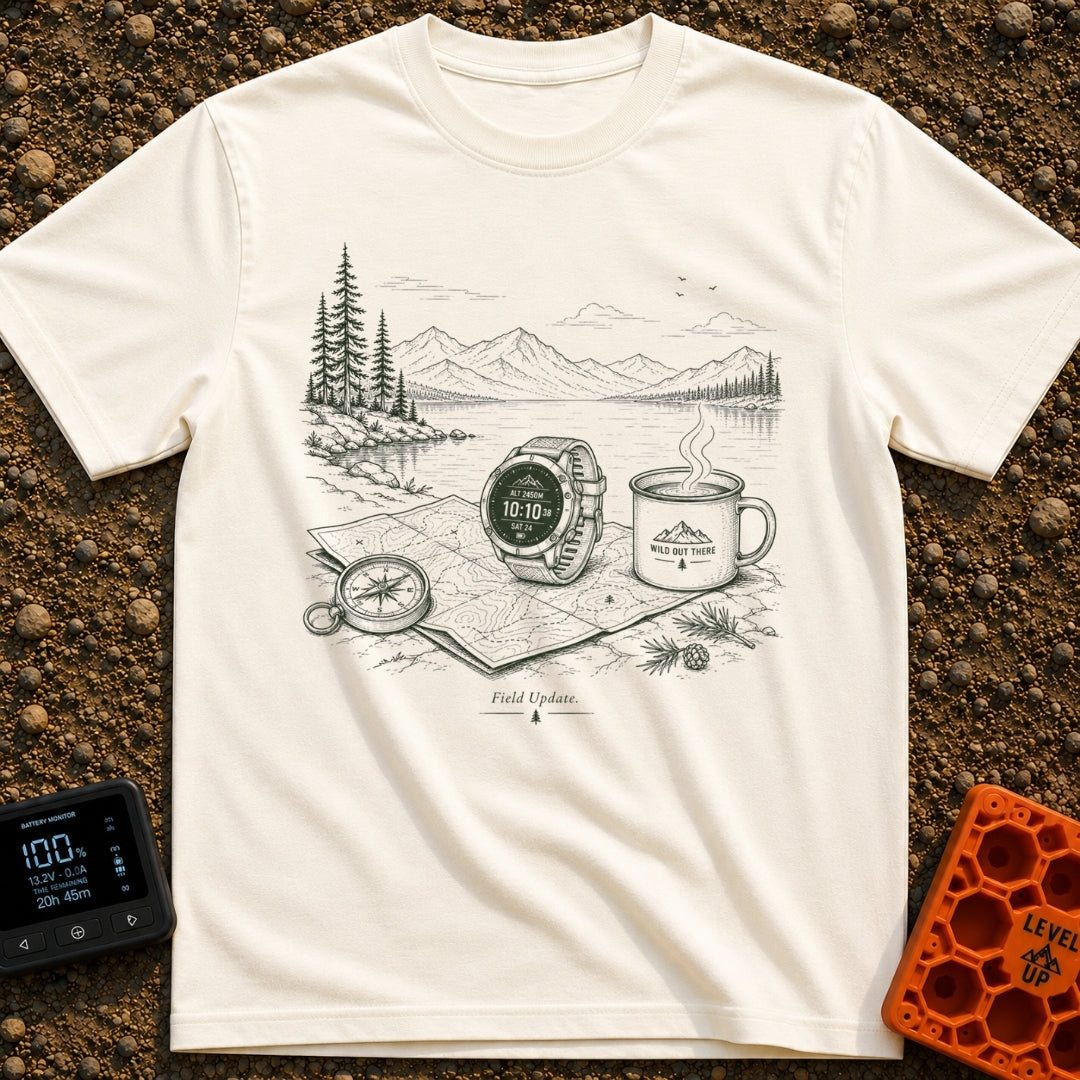 Wander Watch Out - T-Shirt in Ivory - A line drawing showing a GPS watch, a compass, a topographic map, and a steaming...