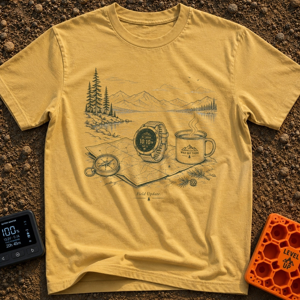 Wander Watch Out - T-Shirt in Mustard - A line drawing showing a GPS watch, a compass, a topographic map, and a steaming...