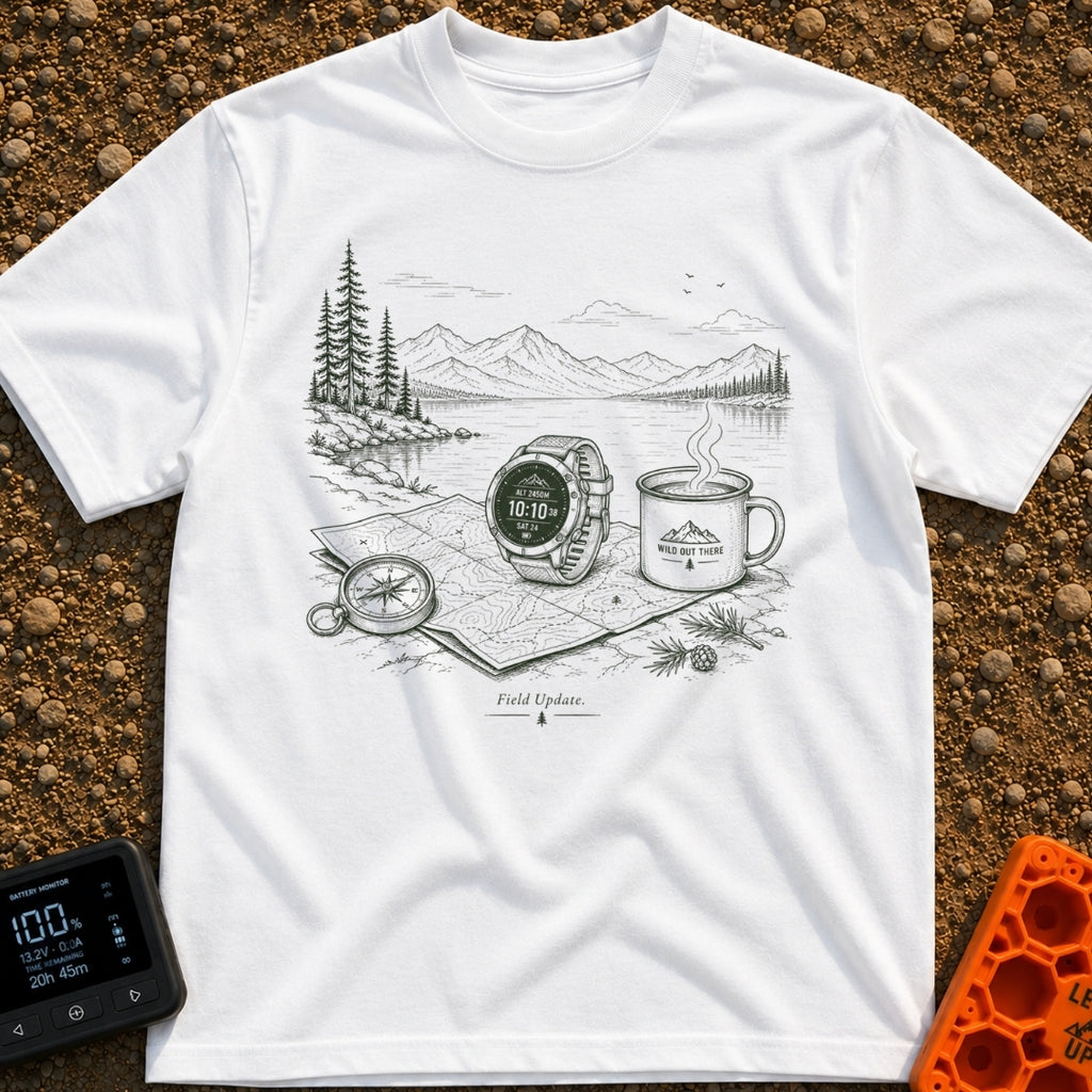 Wander Watch Out - T-Shirt in White - A line drawing showing a GPS watch, a compass, a topographic map, and a steaming...