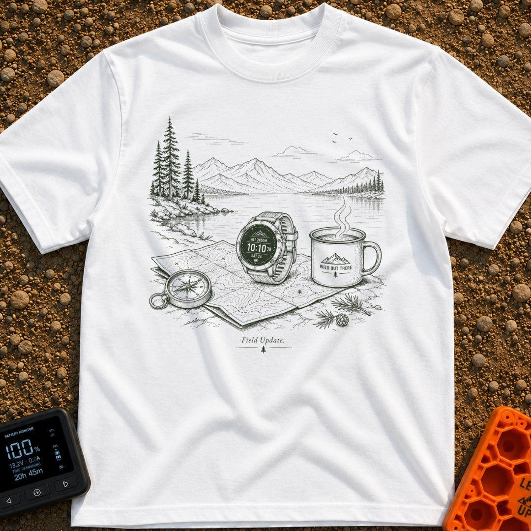 Wander Watch Out - T-Shirt in White - A line drawing showing a GPS watch, a compass, a topographic map, and a steaming...