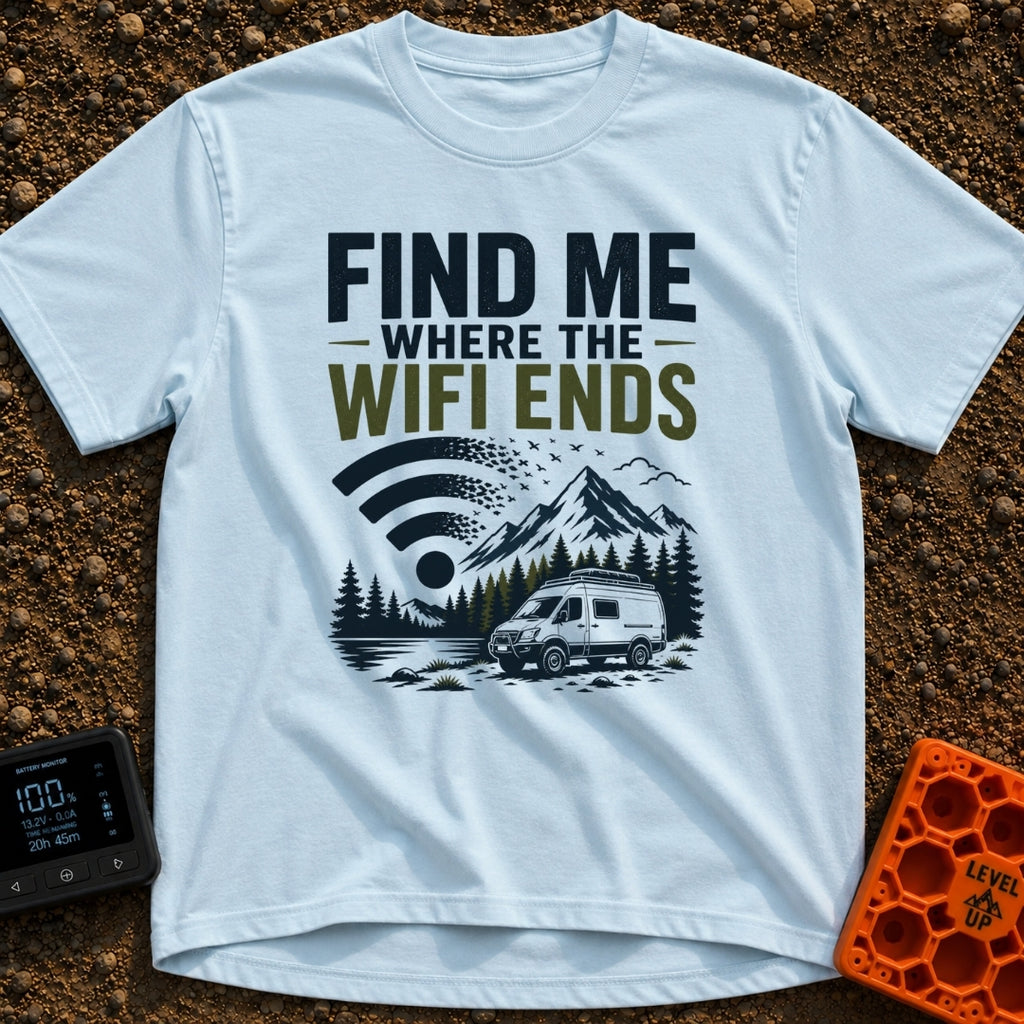 Where The Wifi Ends - T-Shirt in Chambray - An illustration of a large WiFi symbol dissolving into a flock of flying...