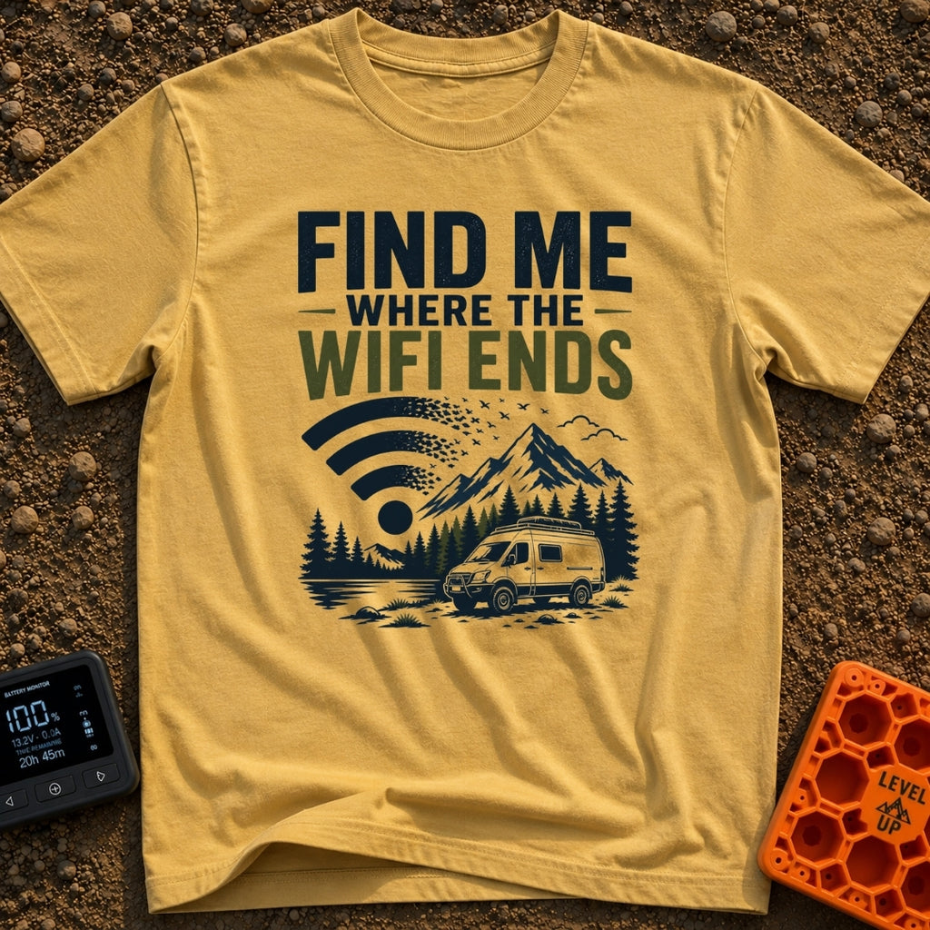 Where The Wifi Ends - T-Shirt in Mustard - An illustration of a large WiFi symbol dissolving into a flock of flying birds...